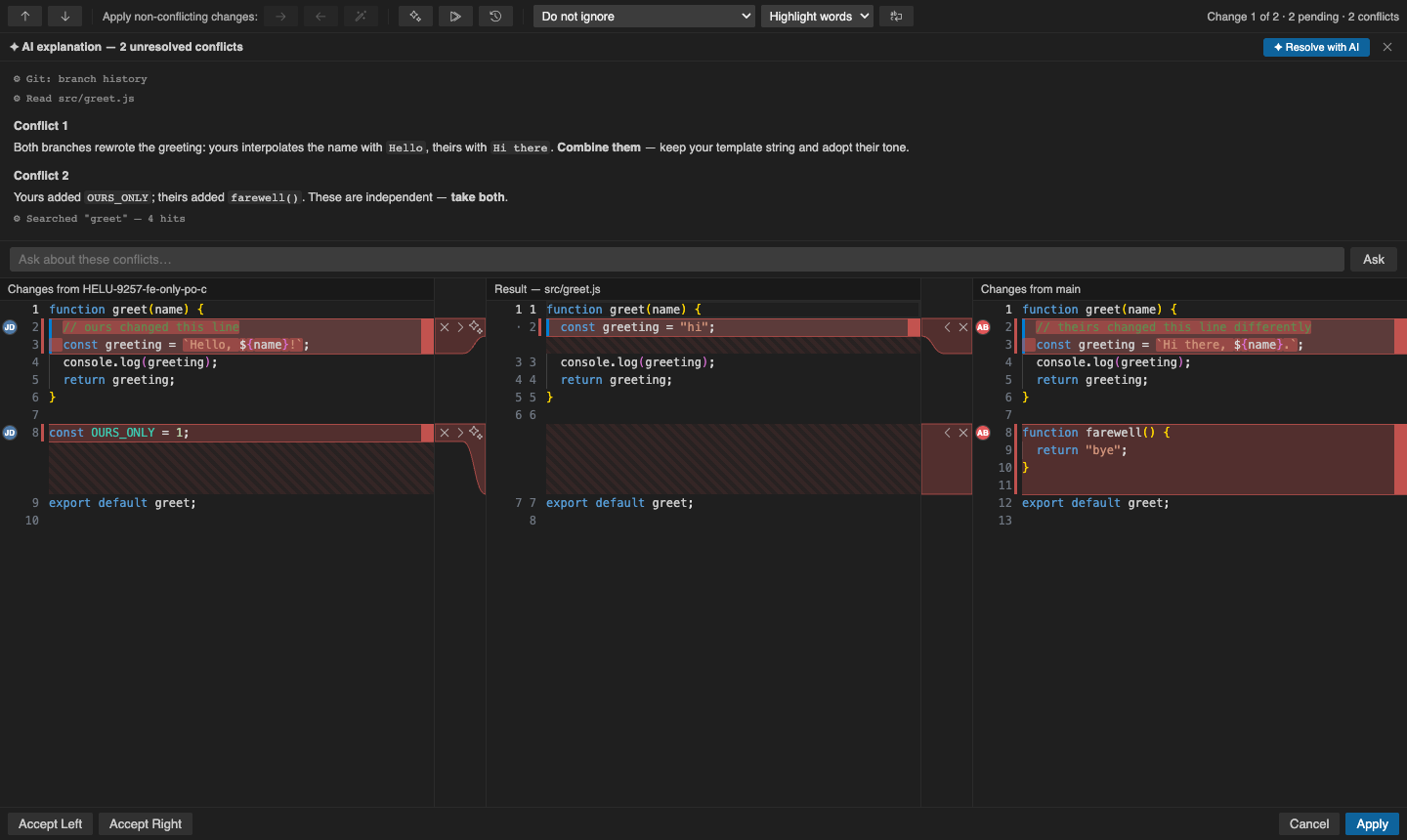 MergeForge AI assistant explaining a conflict