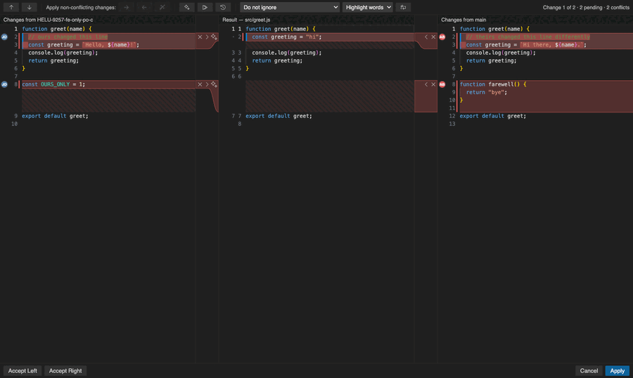 MergeForge three-pane merge editor