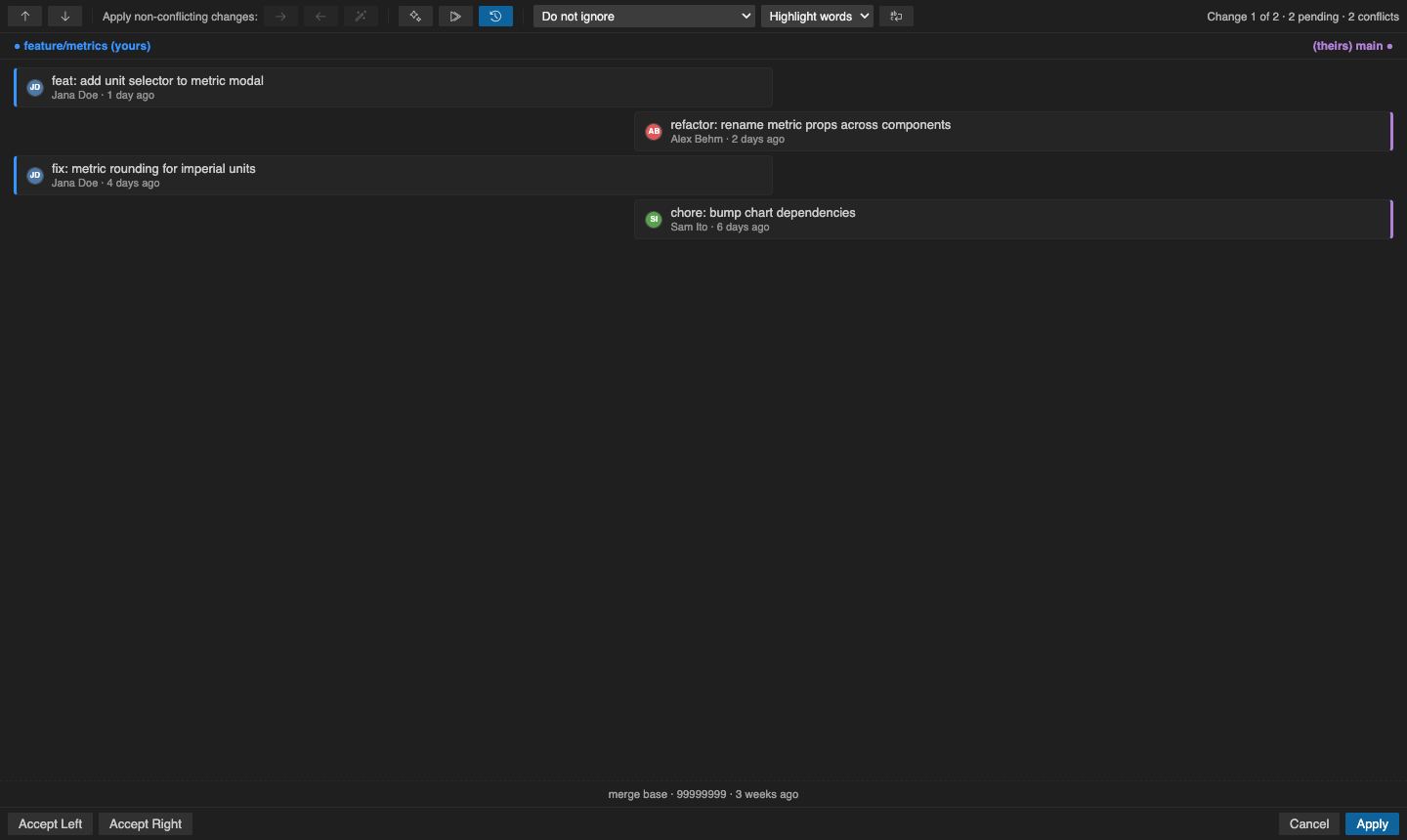 MergeForge history timeline of commits on each branch